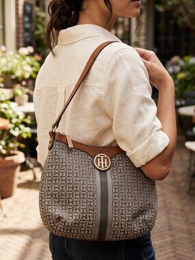 Tommy Hilfiger Vintage Monogram Hobo Shoulder Bag - Tan/Grey